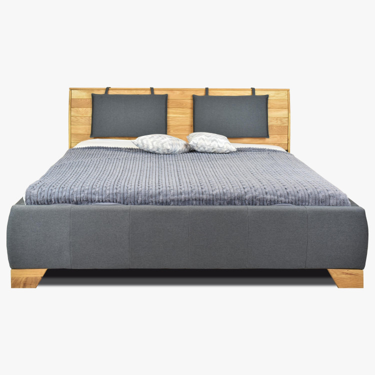 Kárpitozott ágy sötét színű, fa fejtámlával  - 7