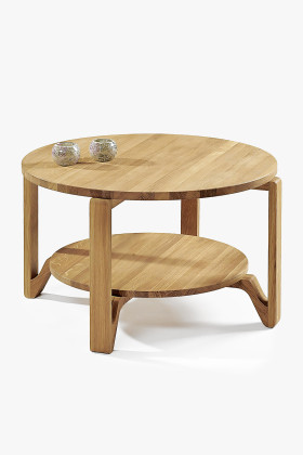 Kerek tömör tölgy dohányzóasztal polccal, skandináv stílus, 84 cm