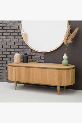 Lekerekített tölgy színű TV komód 140x50x50 cm tárolóval