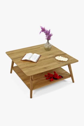 Tömör tölgyfa dohányzóasztal polccal, skandináv stílusú, 90x90 cm