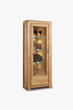 Tölgyfa vitrines szekrény 3 üveglappal, természetes tölgy furnér,