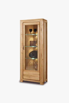 Tömör tölgyfa vitrin 3 üvegpolccal, természetes tölgy furnér,