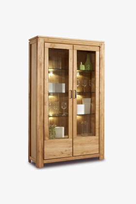 Tömör tölgyfa kétszárnyú vitrin üvegezett ajtókkal, 3 polccal