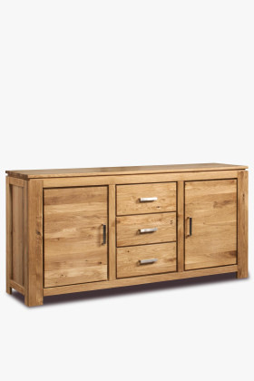Tömör tölgyfa komód 3 fiókkal és 2 ajtóval, modern design, olajozott