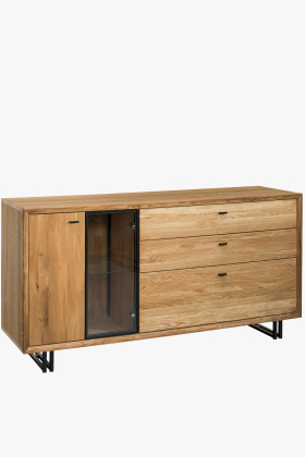 Nagy tölgyfa komód fém lábakkal, világított üveges résszel, 180 cm
