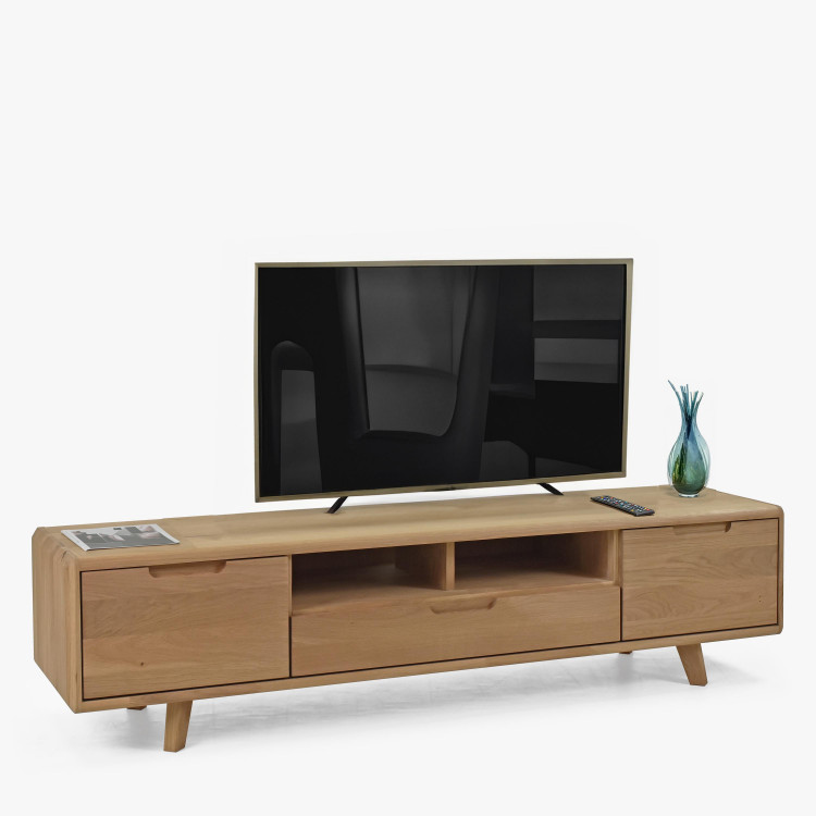 Televíziós komód faanyagból, fehér tölgy lábakkal  - 0