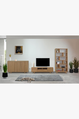 Televíziós komód faanyagból, fehér tölgy lábakkal  - 0 2