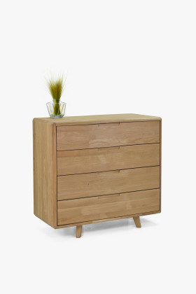 Tömör tölgyfa fehér komód 4 fiókkal, skandináv design, 90x90 cm