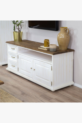Tömörfa provence-i stílusú TV komód két fiókkal és ajtóval