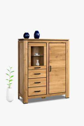 Tömör tölgyfa tálalószekrény New Line II, üvegajtós, 3 fiókos, natúr