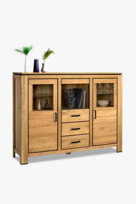 Tölgyfa tálalószekrény üvegezett ajtókkal, 3 fiókos, New Line II