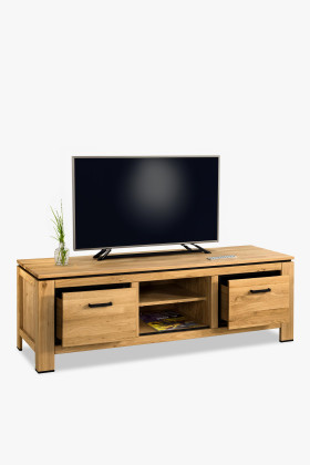 Hosszú tölgyfa TV-szekrény fekete fogantyúkkal, természetes furnér
