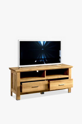 Masszív tömör tölgyfa TV-szekrény 2 fiókkal, nyitott polccal, barna