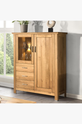 Tömör tölgyfa komód üvegajtóval és fiókokkal nappaliba, tölgy színű