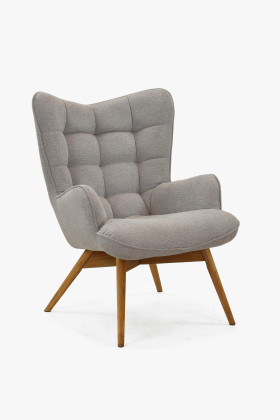 Szürke szövet nappali fotel tölgyfa lábakkal, modern design
