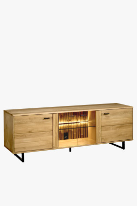 Tömör tölgyfa TV komód fekete fém lábakkal, modern design, 180 cm