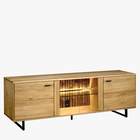 Hosszú TV-szekrény tölgyfából, fekete fém lábakkal  - 0