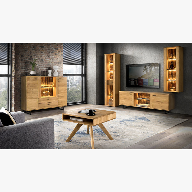 Hosszú TV-szekrény tölgyfából, fekete fém lábakkal  - 1