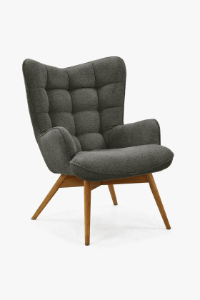 zöld szövet nappali fotel tölgyfa lábakkal, modern dizájn