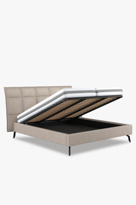 Szövetes tárolós ágy 180x200 cm világos natúr kárpittal, fekete fém