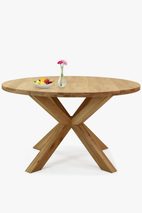 Tömörfa tölgy kerek étkezőasztal 130 cm átmérővel, keresztlábakkal