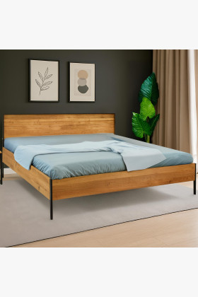 Tömör tölgyfa franciaágy fém lábakkal, 180x200 cm, természetes