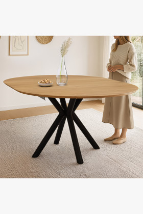 Kerek bővíthető tölgyfa étkezőasztal fekete fém lábakkal 120 cm