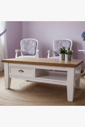 Fa dohányzóasztal tömbös fenyő fehér-barna Provence stílusú 120x70 cm