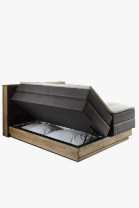 Tömör tölgyfa boxspring ágy ágyneműtartóval 200x200 cm