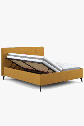 Tárolós kárpitozott ágy tölgyfa lábakkal, sárga, 160x200 cm