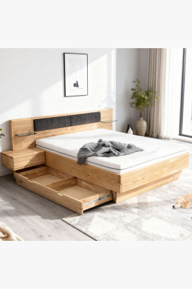 Tölgyfa franciaágy éjjeliszekrénnyel és ágyneműtartóval, barna