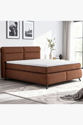 Boxspring franciaágy 160x200 cm narancssárga tárolóval tömörfa