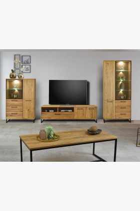 Tölgyfa nappali fal fekete fém lábakkal, ipari stílusú bútorszett