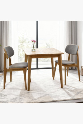 Masszív tölgyfa kétszemélyes étkezőgarnitúra szürke modern székekkel