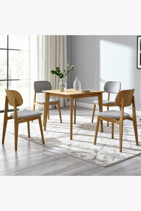 Tömör tölgyfa négyzet alakú étkezőasztal szürke kárpitozott 4 székes