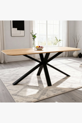 Tömör tölgyfa asztal kovácsoltvas X lábbal, 180x90 cm, natúr