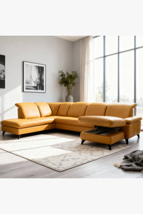 Luxus bőr U alakú ülőgarnitúra tömörfa vázzal, állítható fejtámlákkal