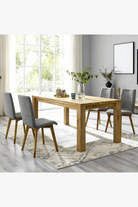 Tölgyfa étkezőgarnitúra, 180x90 cm-es asztal és 4 szürke kárpitozott szék  - 1