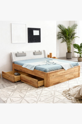 tölgyfa ágy madona tárolórekesszel, szürke szövet fejvéggel