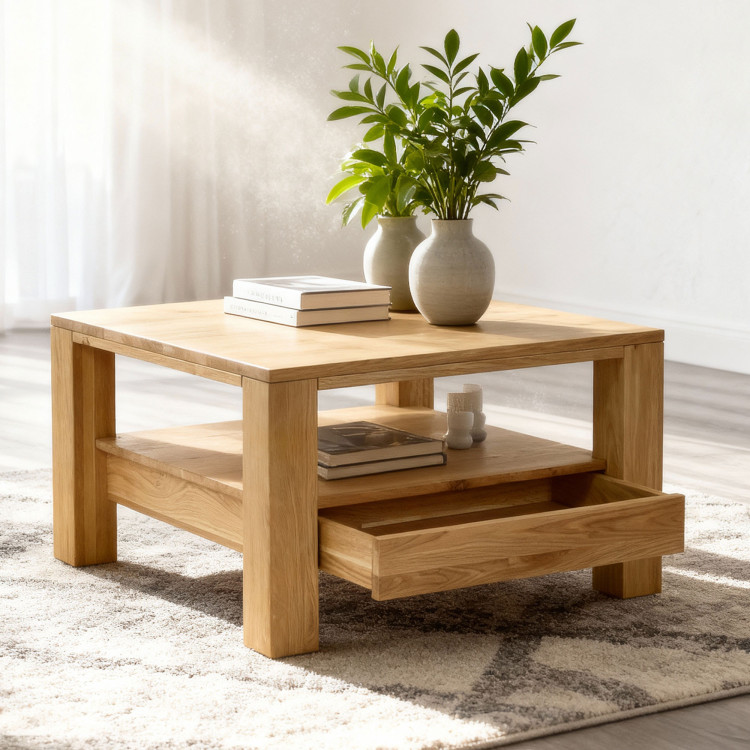 Fa tölgyfa dohányzóasztal polccal  - 1