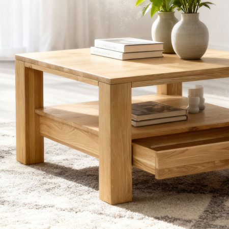 Fa tölgyfa dohányzóasztal polccal  - 2