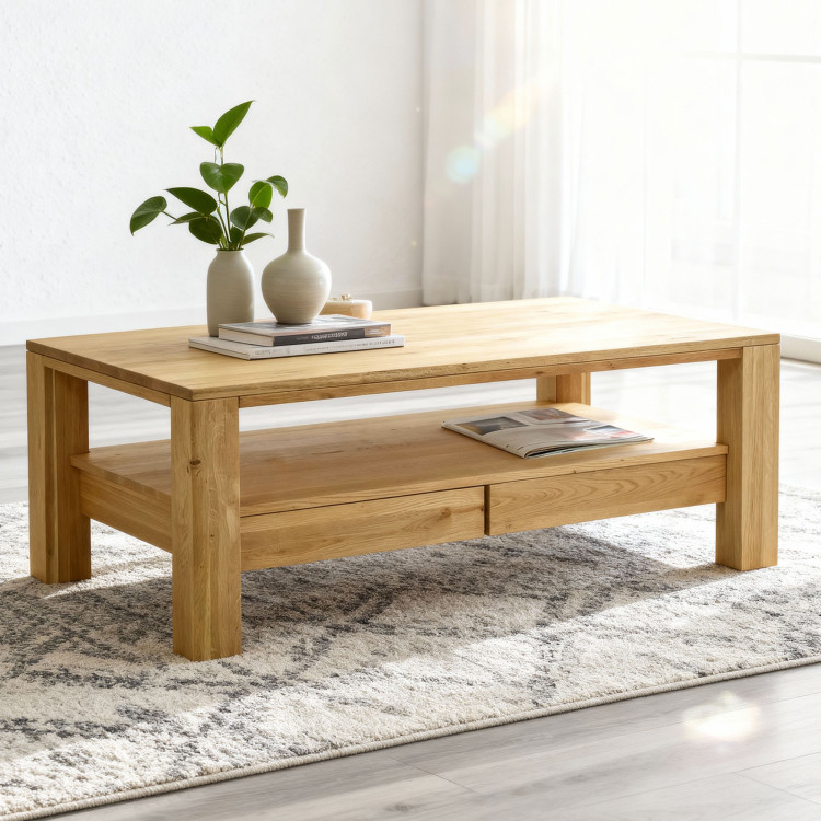 Fa tölgy téglalap alakú dohányzóasztal polccal  - 1