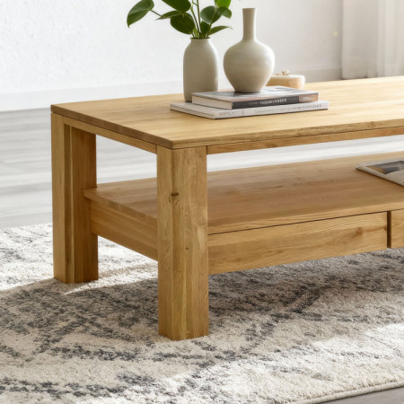 Fa tölgy téglalap alakú dohányzóasztal polccal  - 2