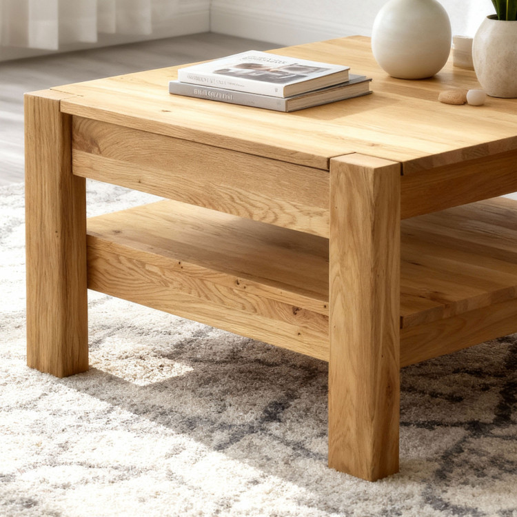 Fa tölgyfa dohányzóasztal polccal  - 2