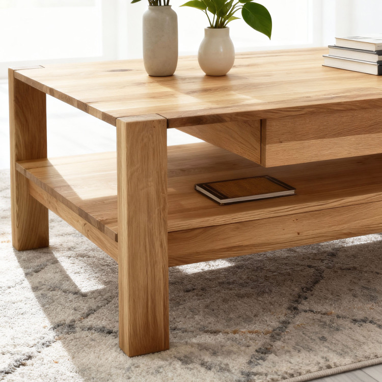 Fa tölgy dohányzóasztal polccal  - 2