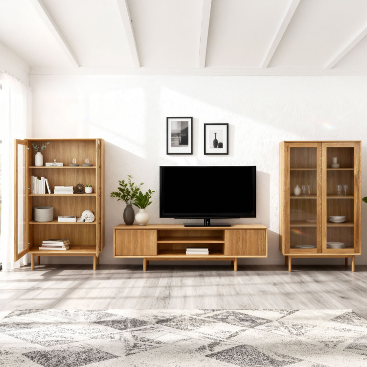 Obývací stěna z dubového masivu s vitrínami a TV komodou  - 1