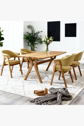 Ovalis tömör tölgy étkezőasztal 180x90 cm sárga karfás Mona székekkel