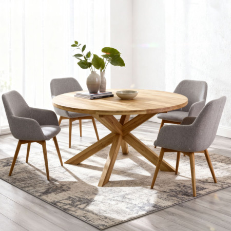 Kinyitható kerek tömör tölgy asztal és székek