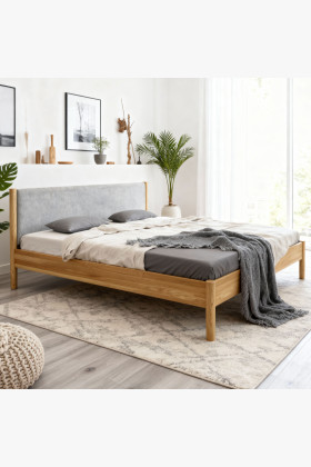 Tömör tölgyfa ágy szövet fejvéggel 180x200 cm stabil kivitel