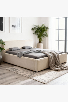 Kárpitozott bézs franciaágy 180x200 cm tárolóval, szövetborítású